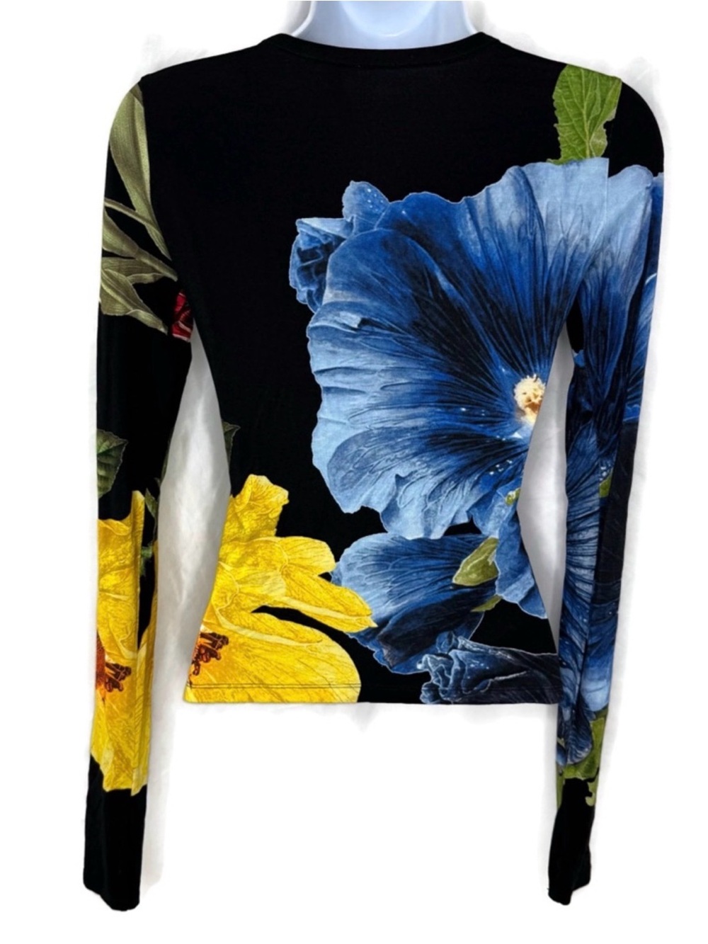 Alice + Olivia Black Long-Sleeve Crewneck Top with Multicolor Floral Print XS. - Picture 3 of 5